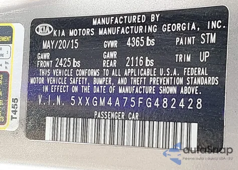 2015 Kia Optima Lx from USA, damaged, VIN 5XXGM4A75FG482428